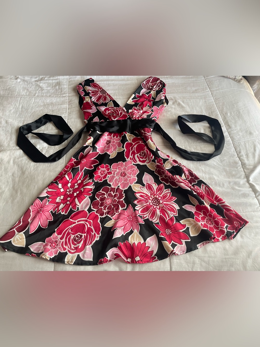 Rampage Y2K Black Pink Floral Satin Tie Back Babydoll Mini Dress 2 Dark Coquette